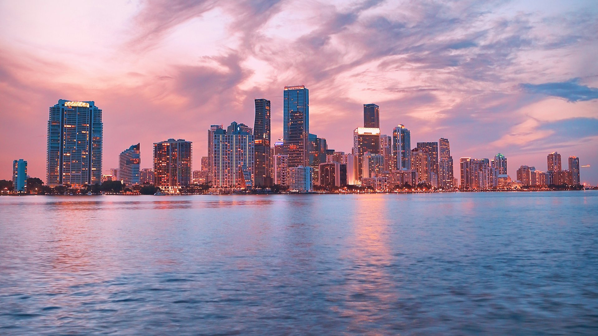 Brickell skyline across Biscayne Bay at sunset, Miami