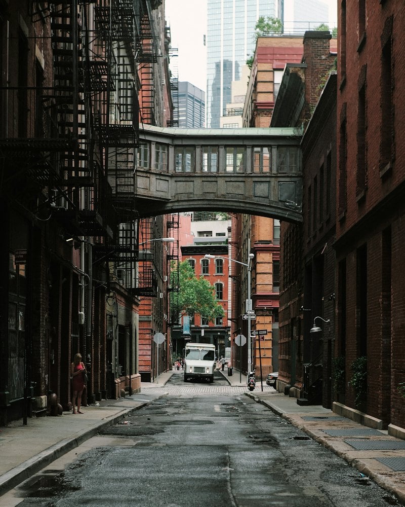 Staple Street skybridge between brick buildings in Tribeca