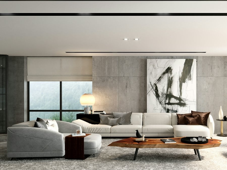 Modern living room with sectional sofa and abstract artwork