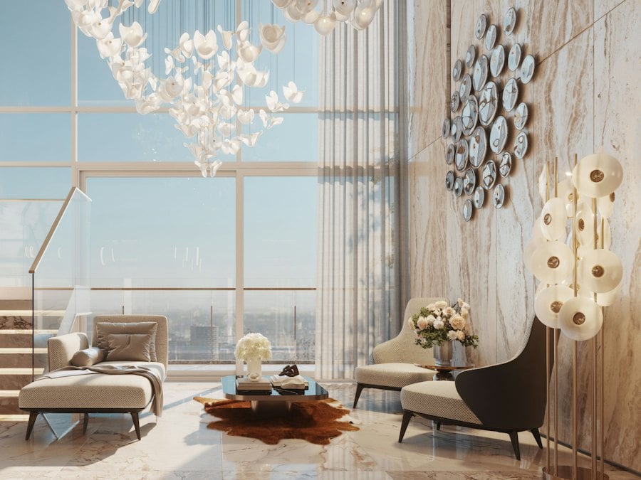 Double-height penthouse living room with floor-to-ceiling windows